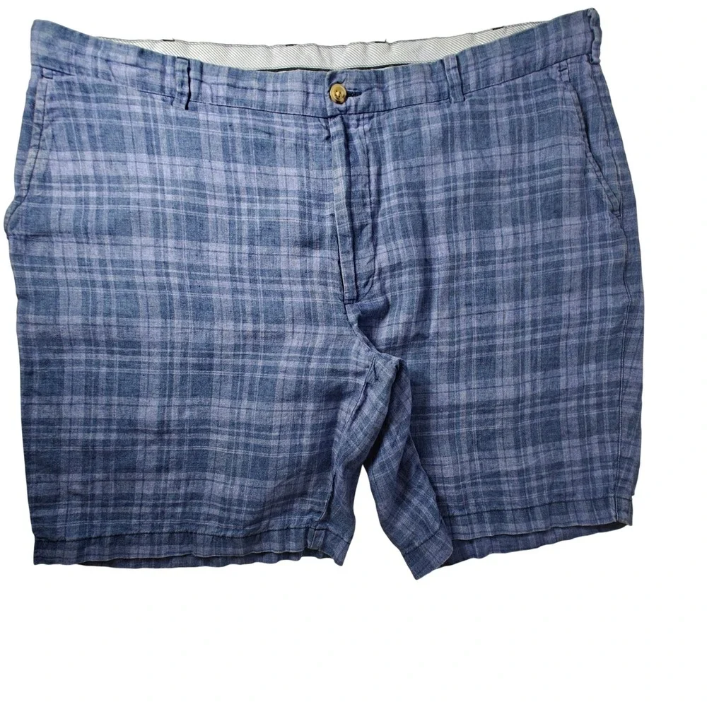 Peter Millar Crown Mens 40 Blue Plaid 100% Linen Shorts MS22B14